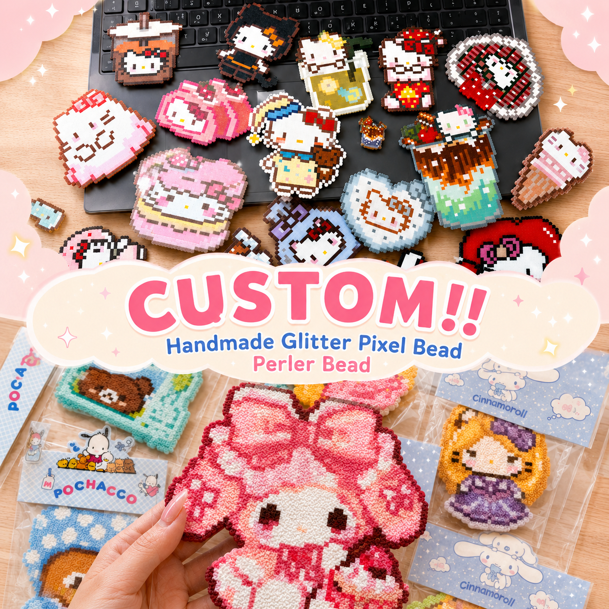 CUSTOM!!Handmade Glitter Pixel Bead Perler Bead Combo (Pre-Assembled)